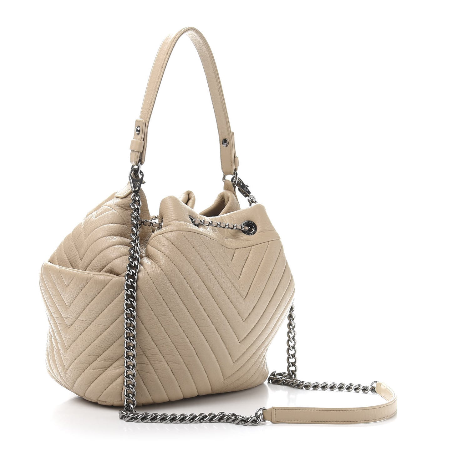 Deerskin Chevron Medium CC Chain Bucket Drawstring Bag Beige