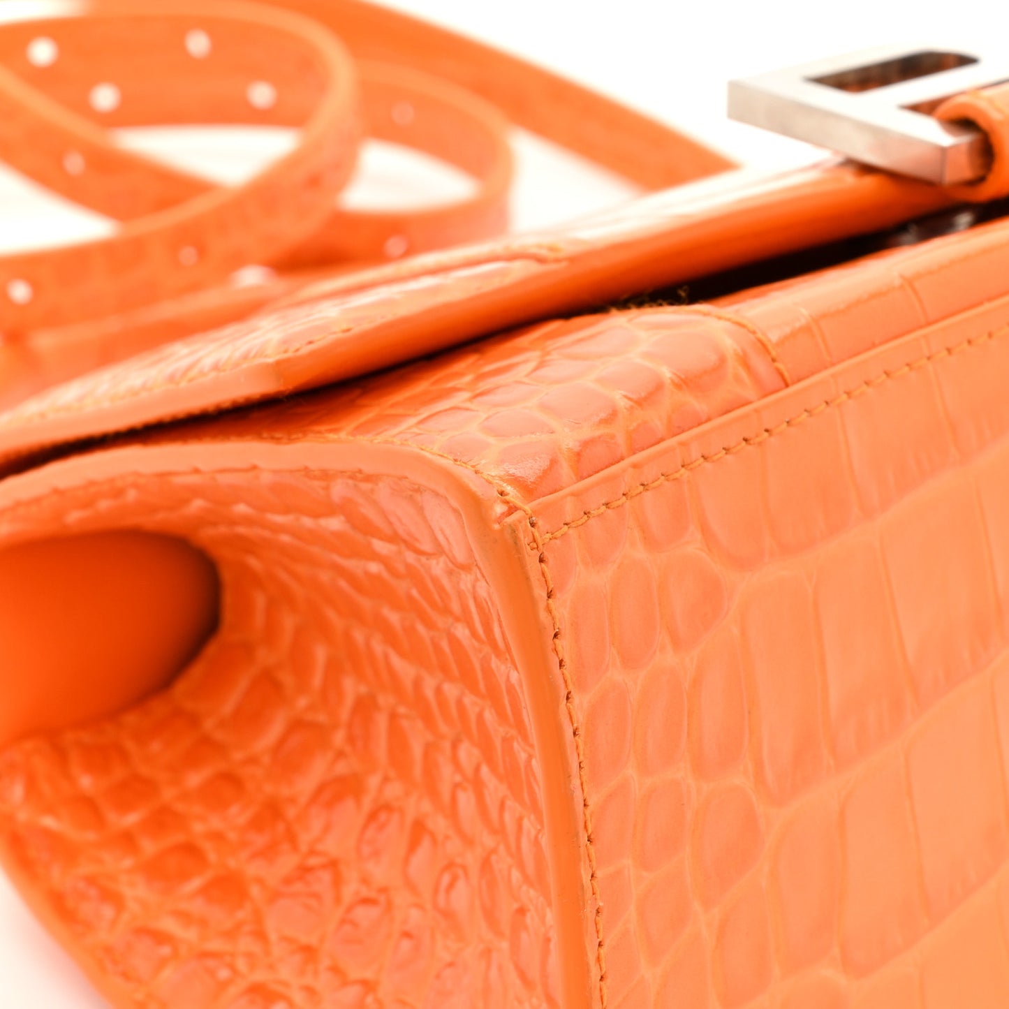 Shiny Calfskin Crocodile Embossed Small Hourglass Top Handle Bag Pop Orange