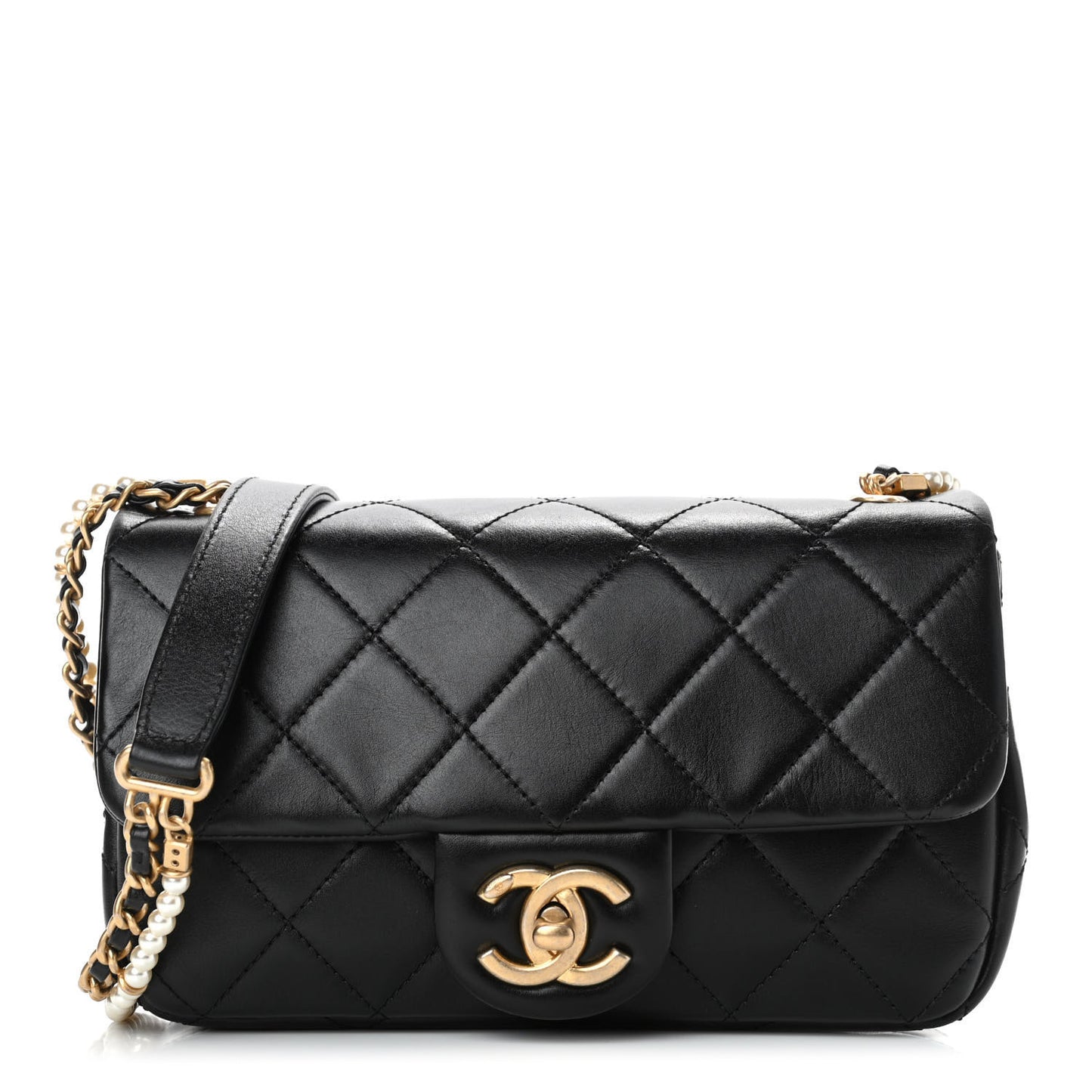 Calfskin Quilted Small Crystal Pearls Flap Bag Black