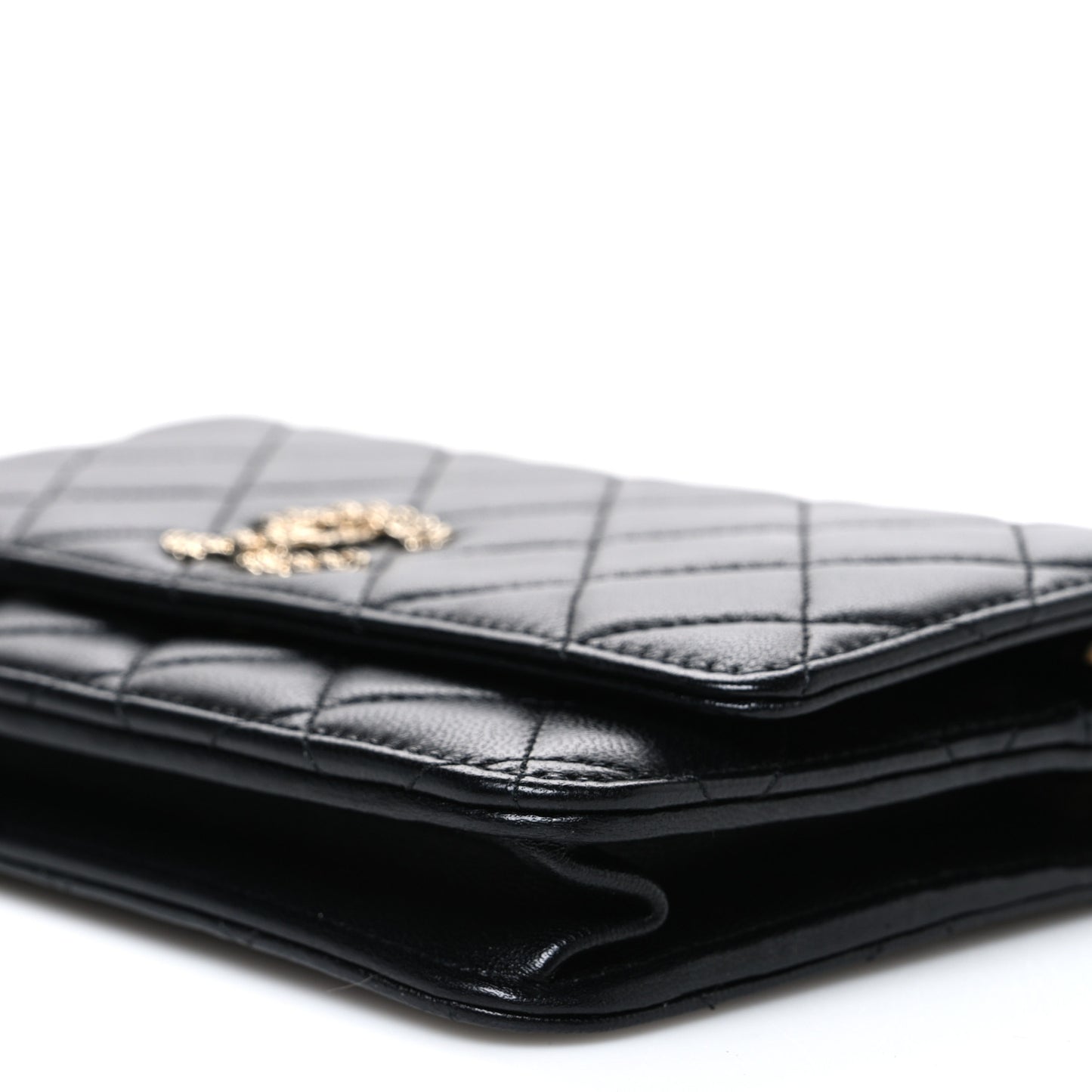 Lambskin Quilted Crystal CC Wallet On Chain WOC Black