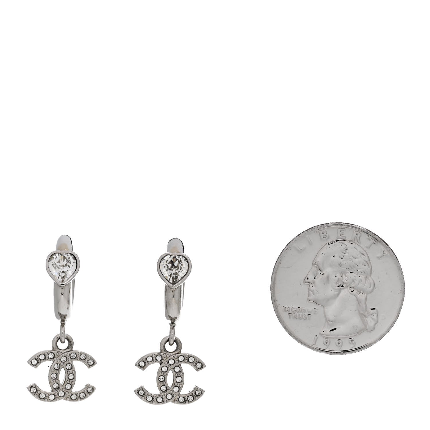 Chanel Crystal Heart CC Drop Earrings Silver 2 of 5