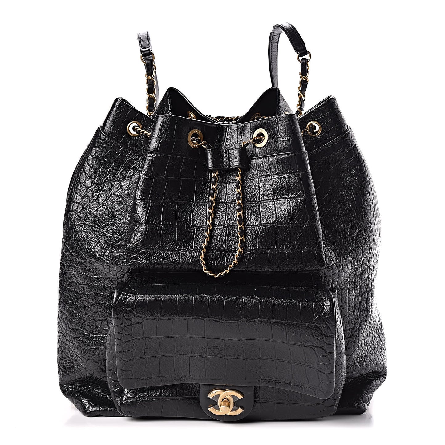 Calfskin Crocodile Embossed Large Backpack Black