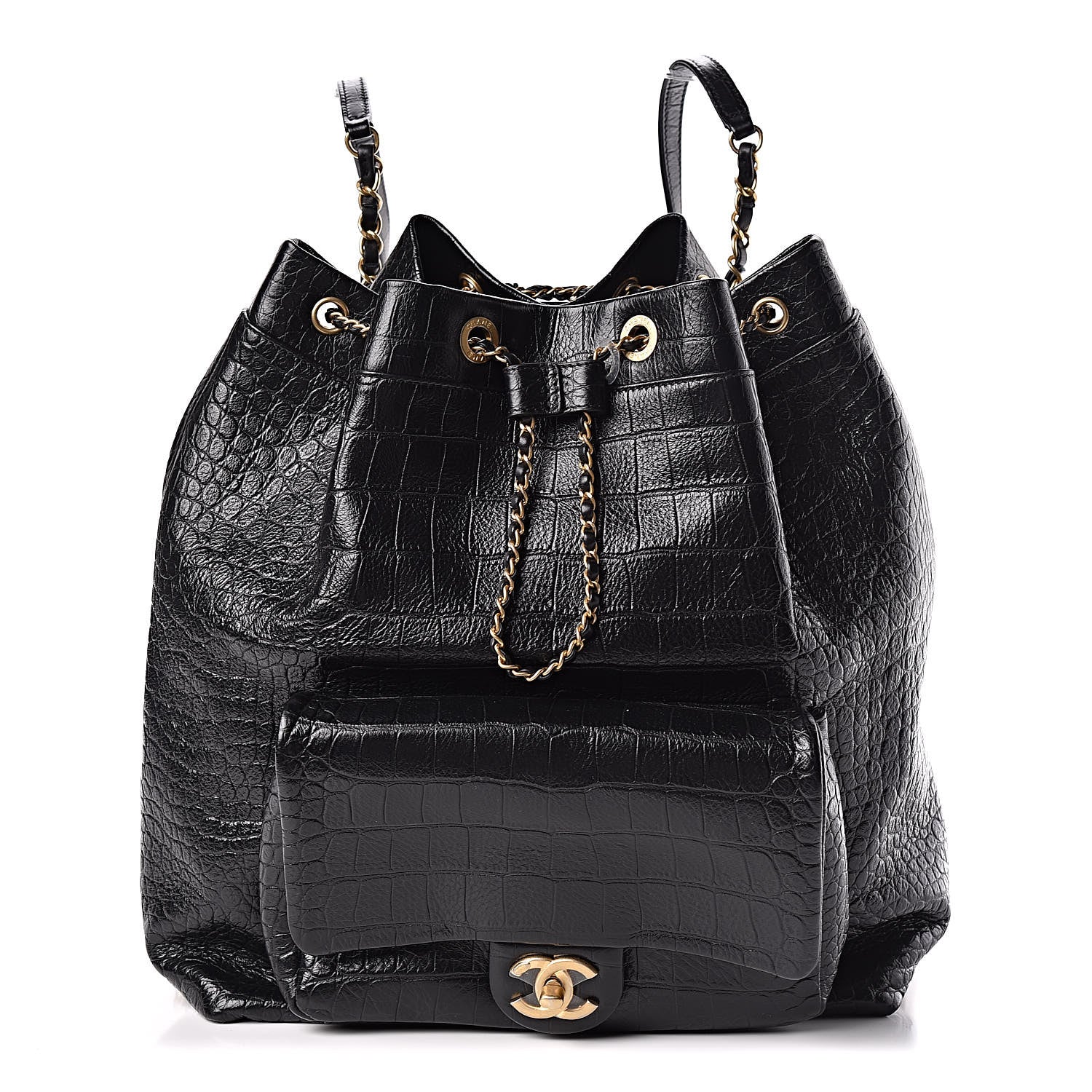 Chanel Calfskin Crocodile Embossed Large Backpack Black 1 of 11