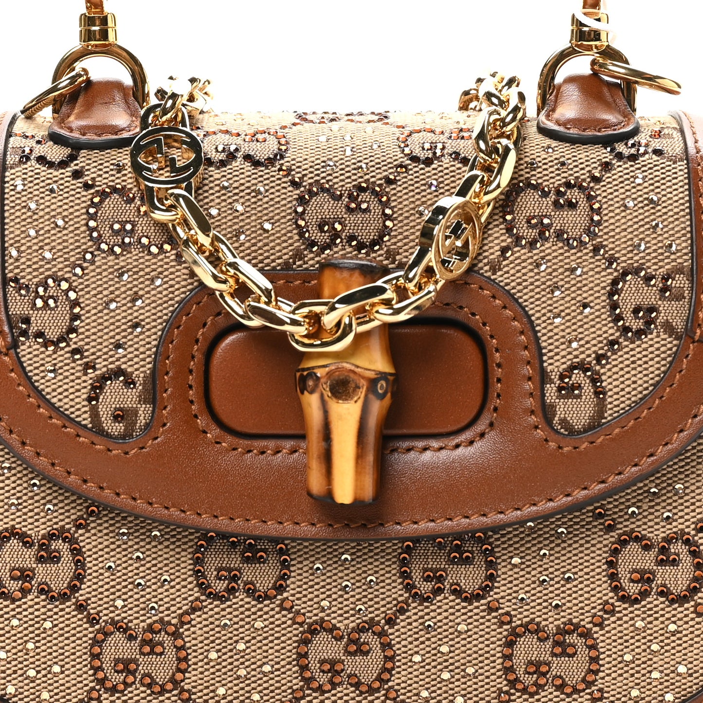 New Canvas Charisma Calfskin Crystal GG Monogram Small Bamboo 1947 Top Handle Bag Camel Ebony