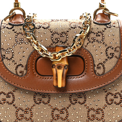 Gucci New Canvas Charisma Calfskin Crystal GG Monogram Small Bamboo 1947 Top Handle Bag Camel Ebony 7 of 10