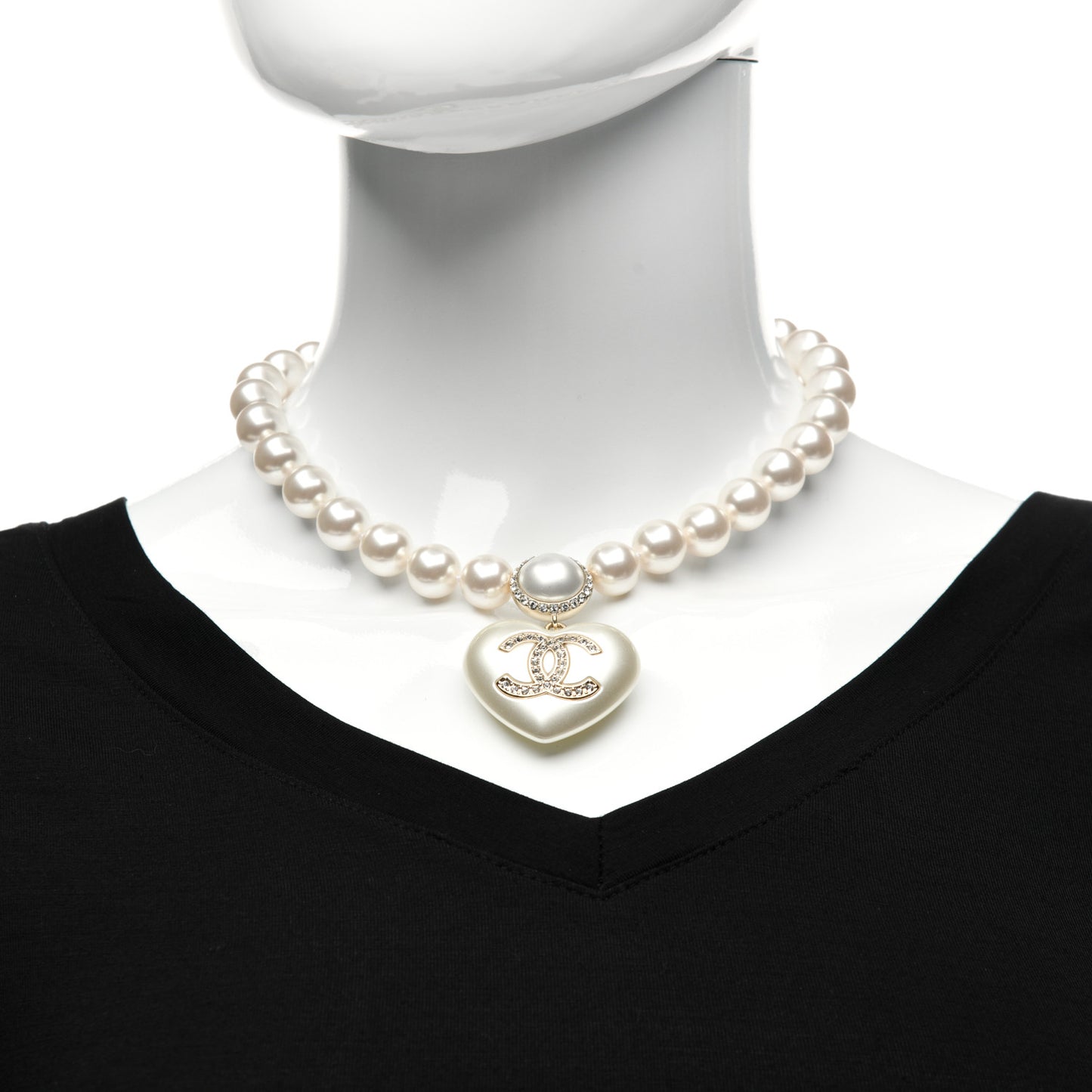 Pearl Crystal CC Heart Short Necklace Pearly White Gold