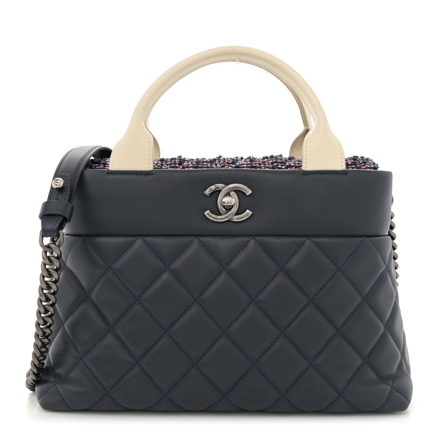 Chanel Calfskin Tweed Quilted Small Tote Navy Multicolor 1 of 13