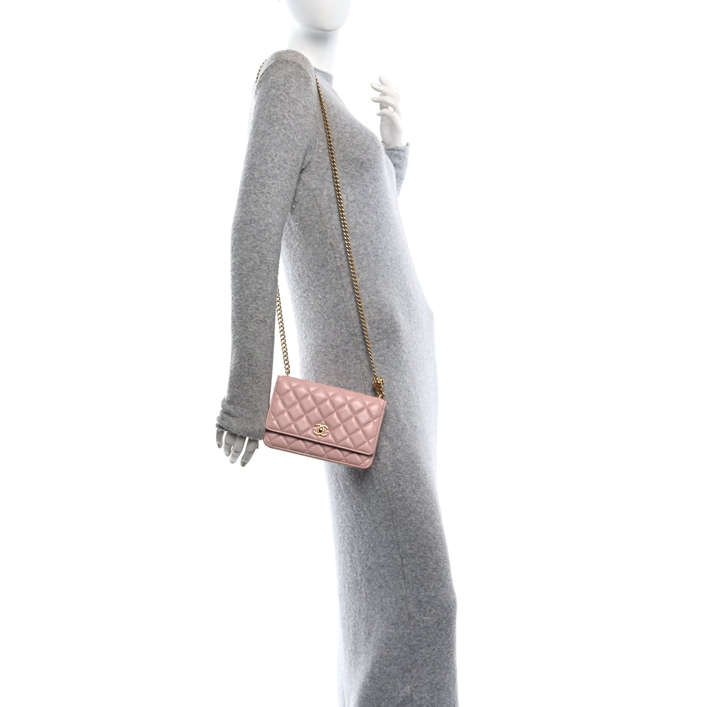 Lambskin Quilted Sweet Camellia Wallet on Chain WOC Light Beige