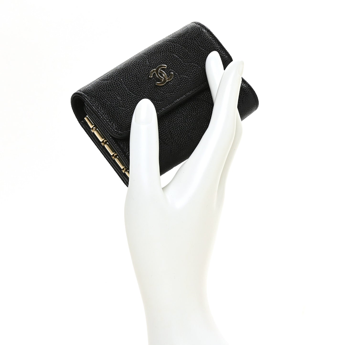 Caviar Embossed Camellia 4 Key Holder Case Black