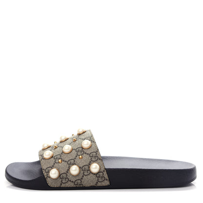 Gucci GG Supreme Monogram Pearls Slide Sandals 42 Beige 1 of 10