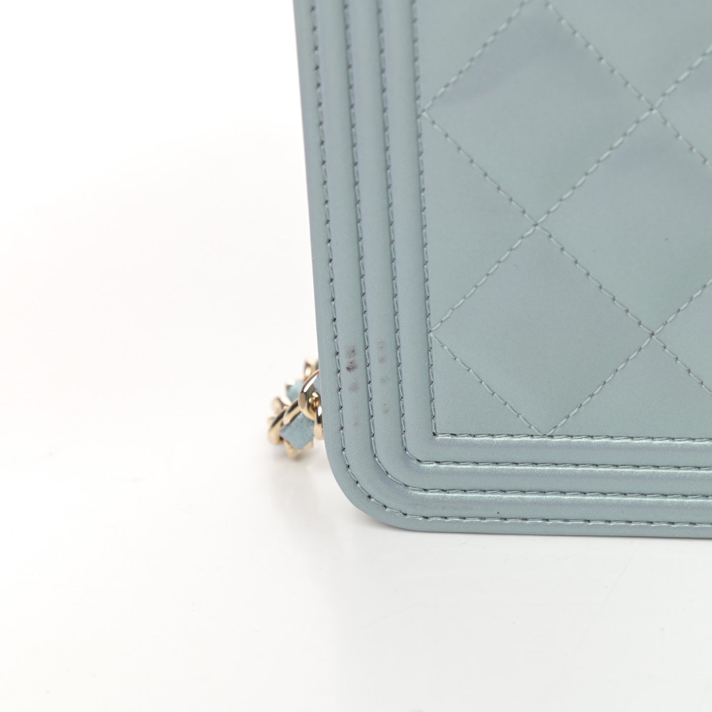 Metallic Patent Calfskin Quilted Boy Wallet on Chain WOC Light Blue
