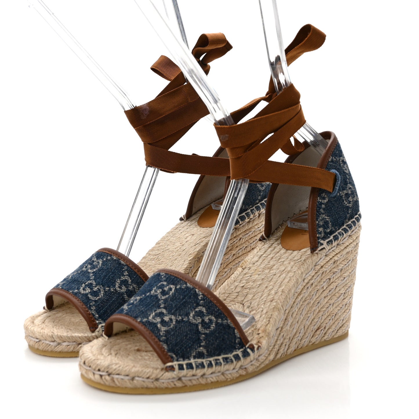 New Denim GG Monogram Ankle Wrap Espadrille Wedge Sandals 38.5 Blue Tea Cuir Epilog