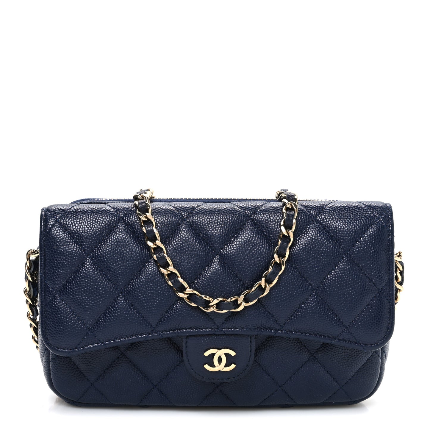 Caviar Quilted Flap Phone Holder With Chain Navy Blue
