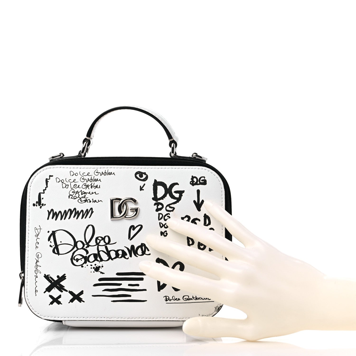 Dolce & Gabbana DOLCE & GABBANA Calfskin DG Graffiti Print Top Handle Bag White Black 3 of 13