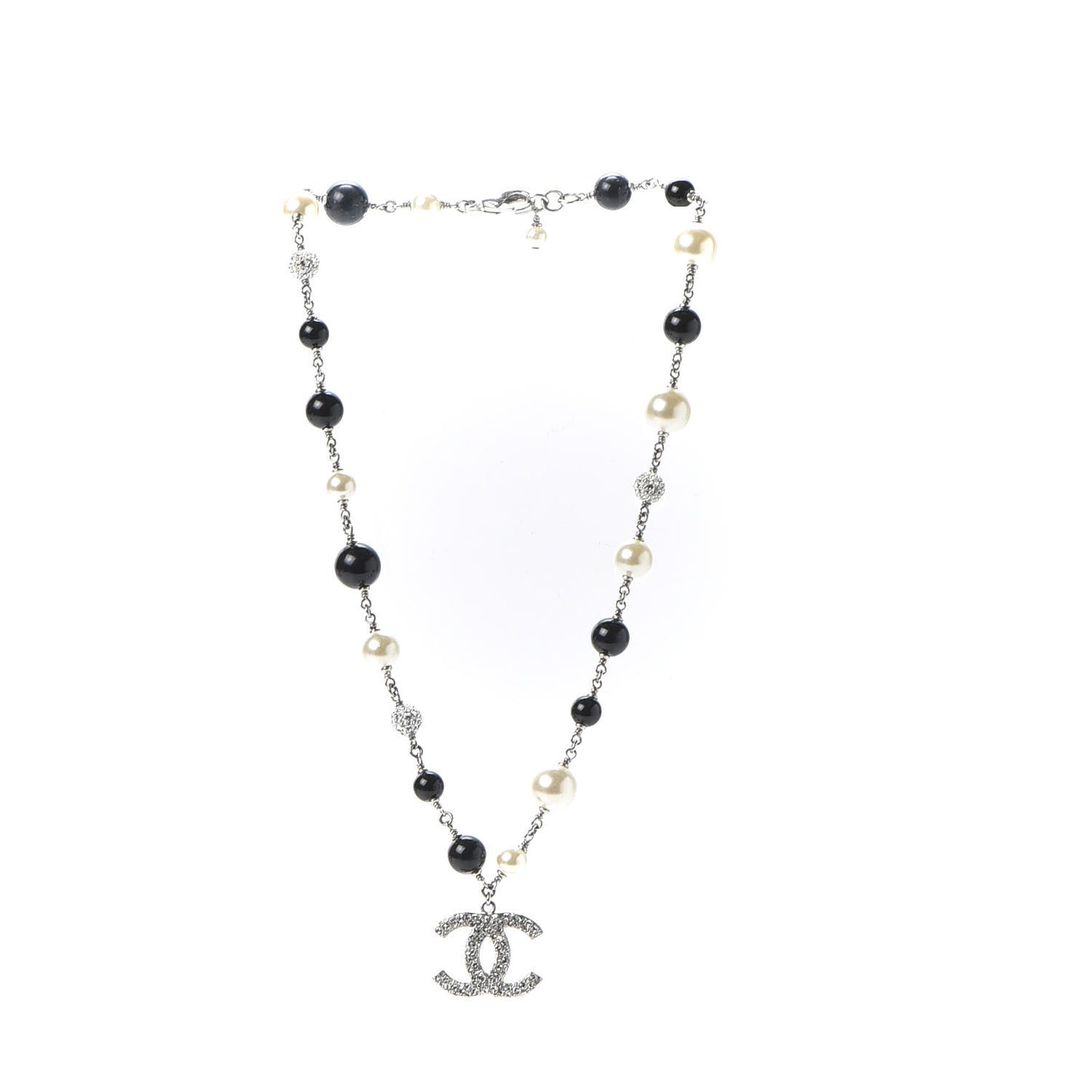 Crystal Pearl CC Short Necklace Silver Black