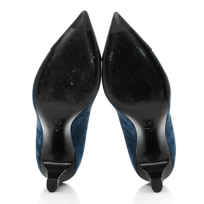 Chanel Suede Satin Cap Toe Gabrielle Pumps 40 Navy Black 5 of 10