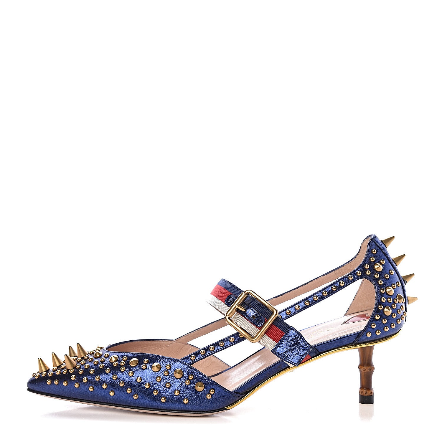 Gucci Metallic Nappa Silk Grosgrain Studded Sylvie Web Bamboo Low Heel Pumps 37.5 Sapphire 1 of 8