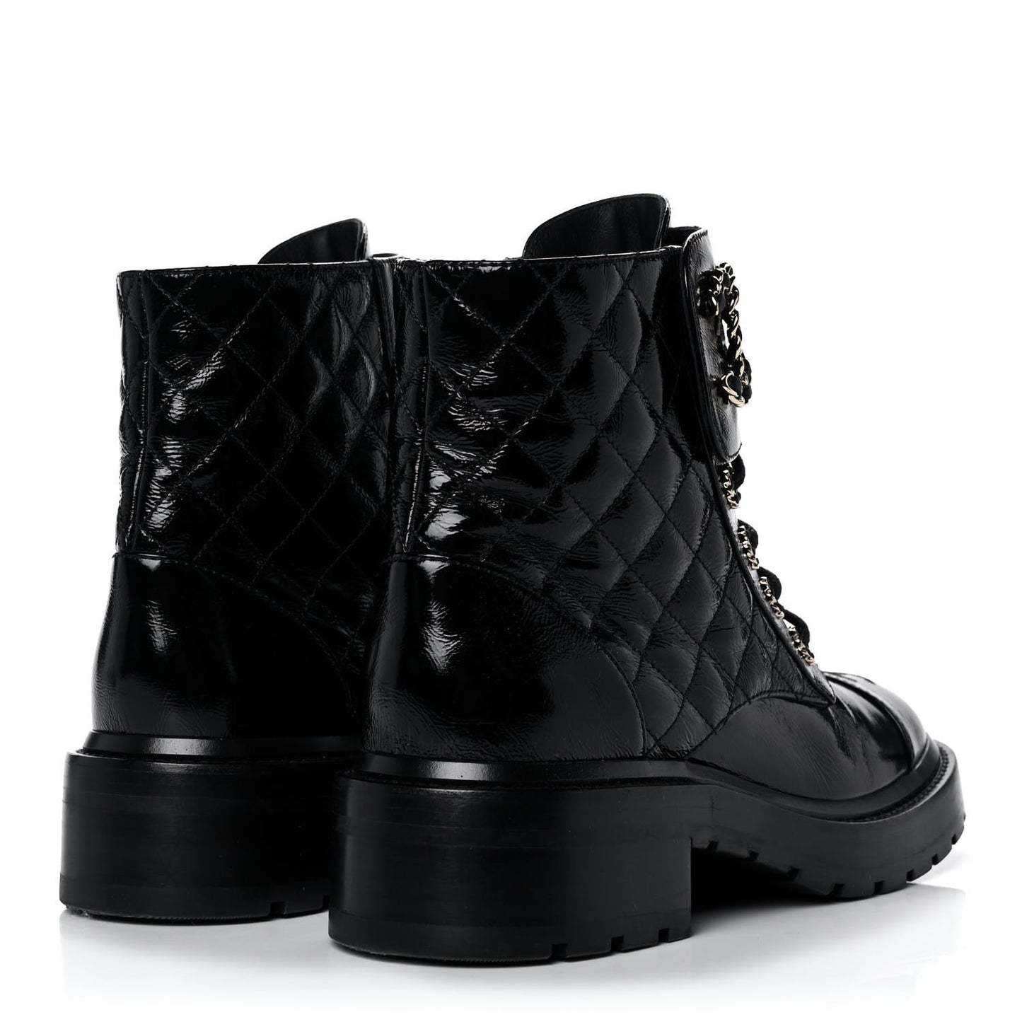 Shiny Calfskin Quilted Lace Up Combat Boots 37.5 Black