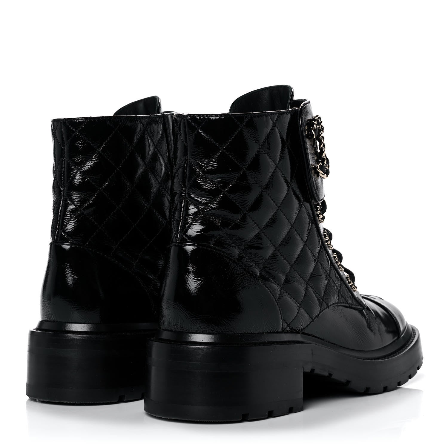 Chanel Shiny Calfskin Quilted Lace Up Combat Boots 37.5 Black 4 of 11