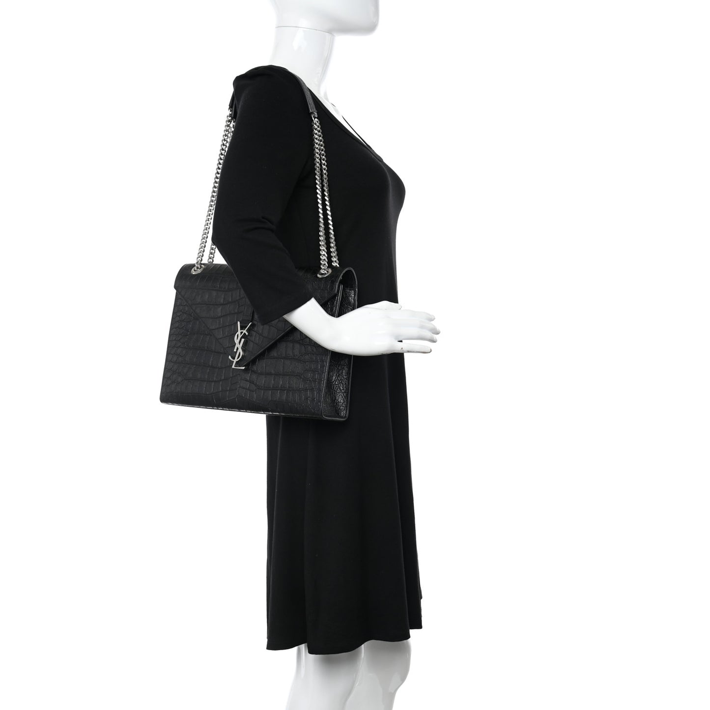 Calfskin Crocodile Embossed Large Monogram Envelope Chain Shoulder Bag Black