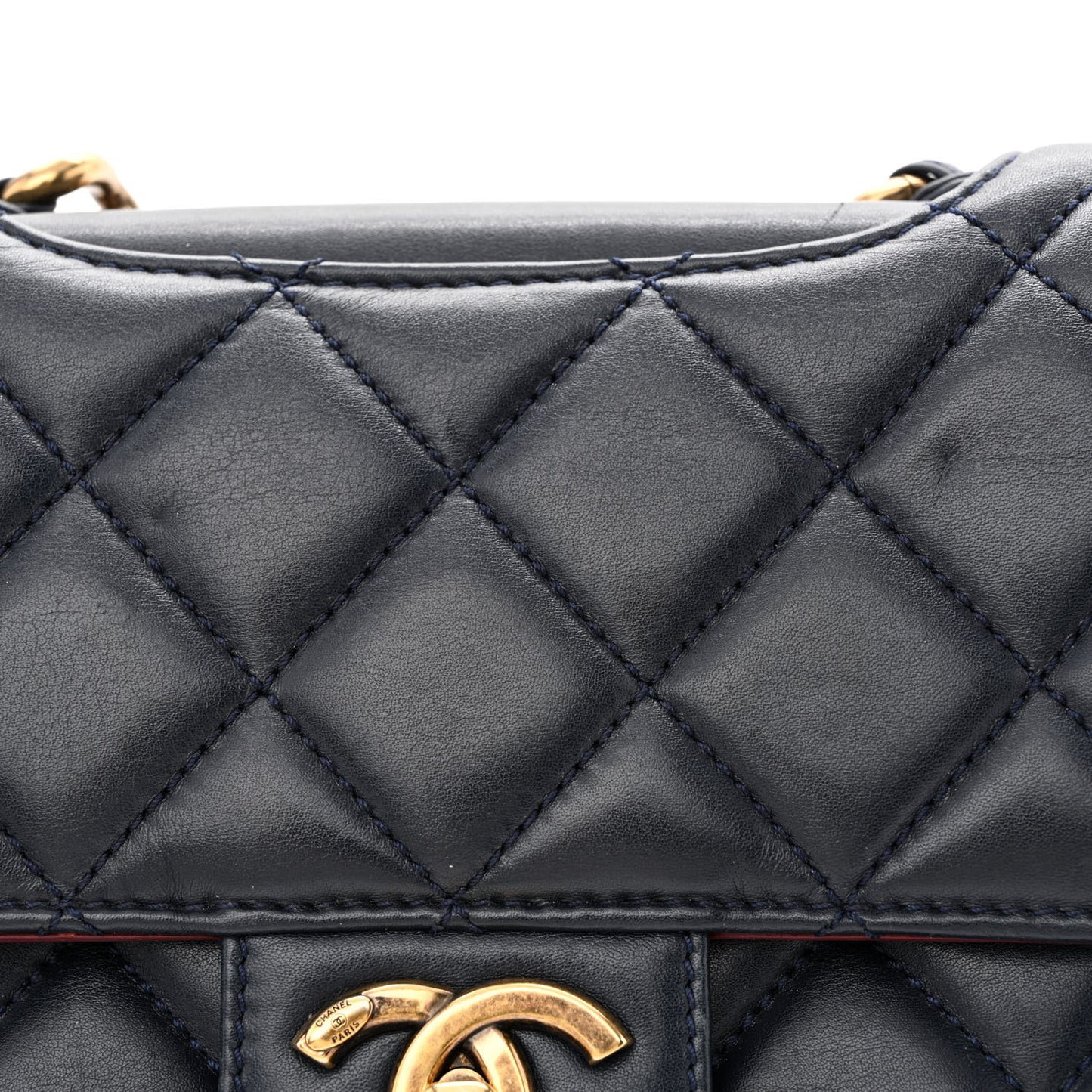 Calfskin Quilted Large Perfect Edge Flap Navy