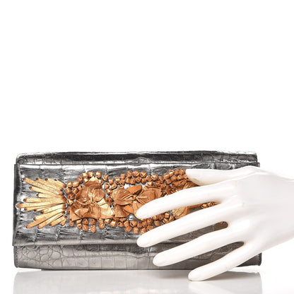 Nancy Gonzalez Metallic Crocodile Floral Insert Clutch Grey Yellow 2 of 7