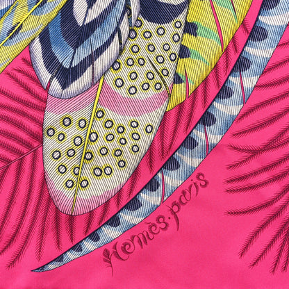 Hermes Silk Plumes En Fete Scarf 90 Rose Vif Bleu Vert 2 of 3