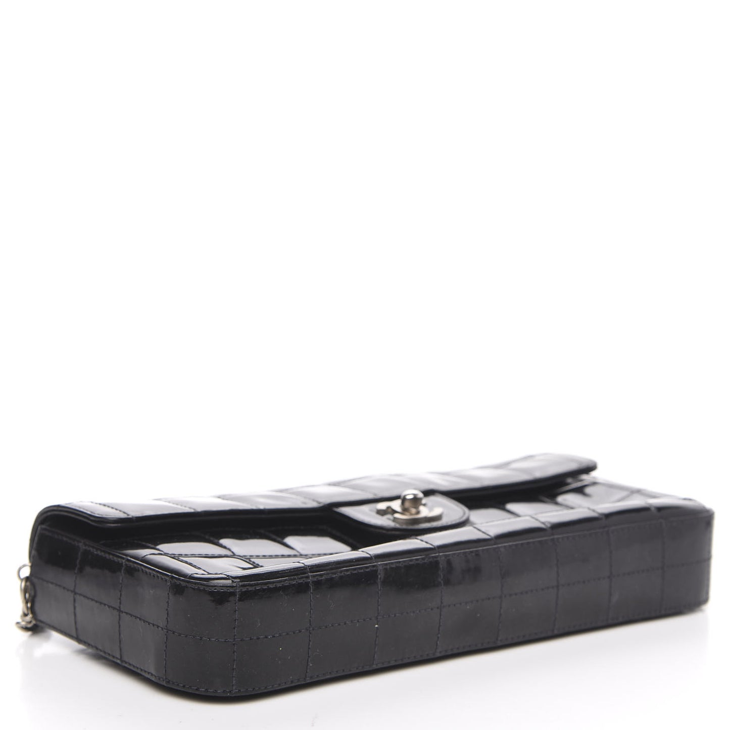 Patent Quilted East West Chocolate Bar Flap Black