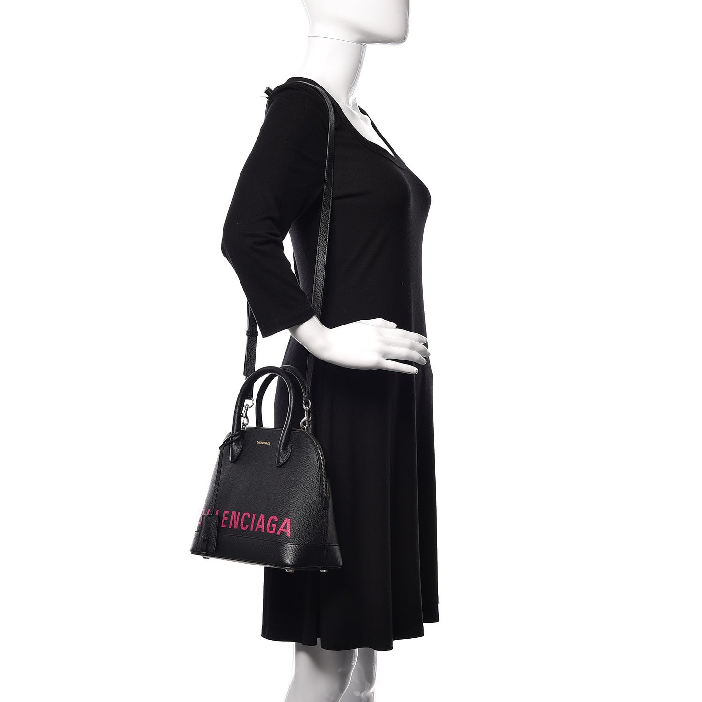Signature Grained Calfskin Logo S Ville Top Handle Bag Black Rose Shocking