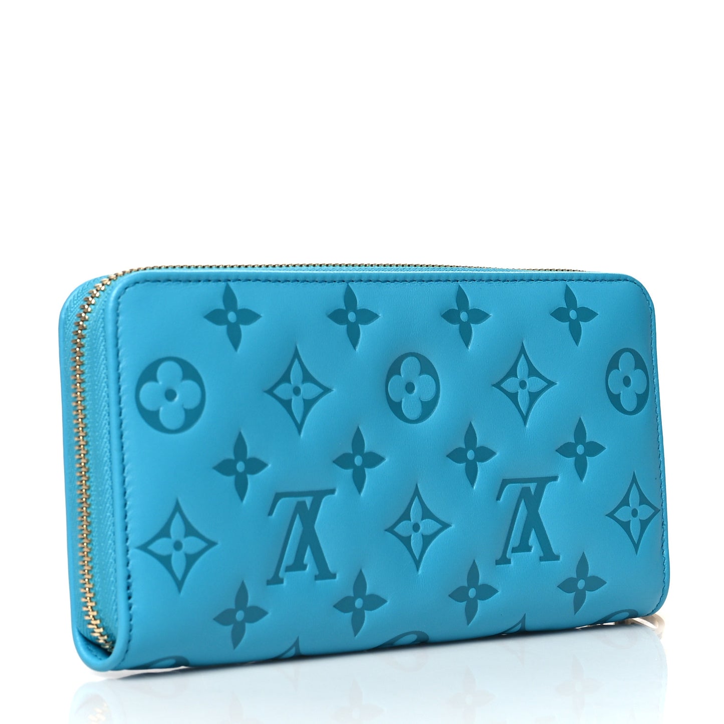 Lambskin Embossed Monogram Coussin Zippy Wallet Turquoise