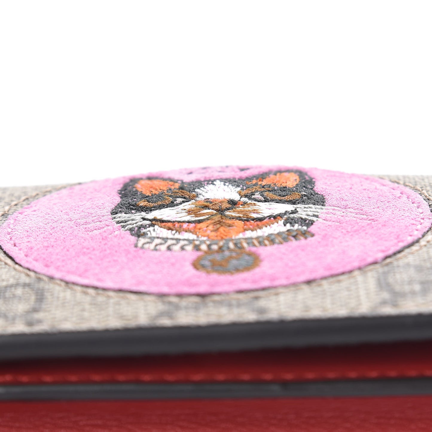GG Supreme Monogram Bosco Patch Card Case Wallet Beige Malva Hibiscus Red