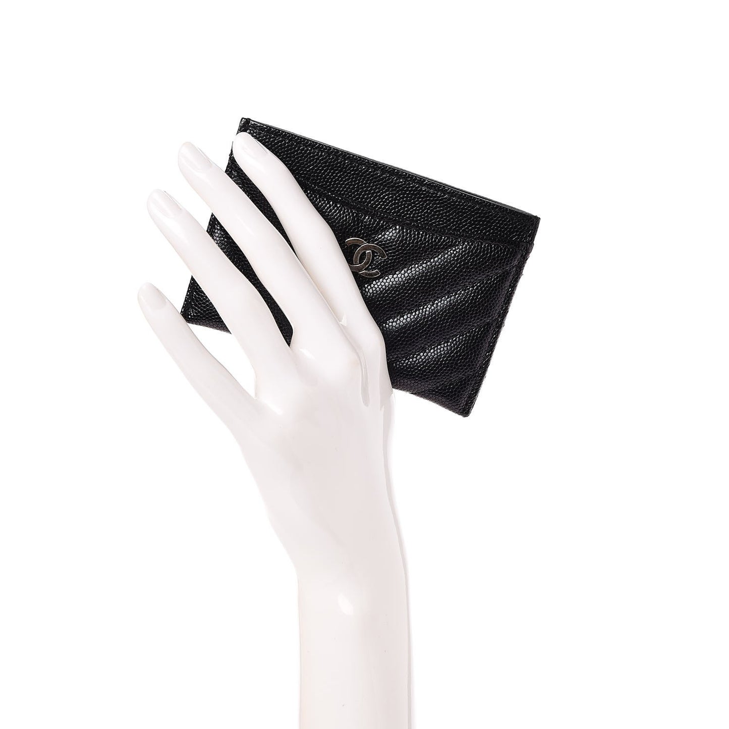 Iridescent Caviar Chevron Quilted Card Holder Black