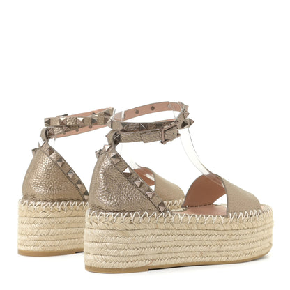 Valentino Garavani Metallic Grained Calfskin Rockstud Ankle Wrap Espadrille Flatform Sandals 36 Skin Natural 3 of 12