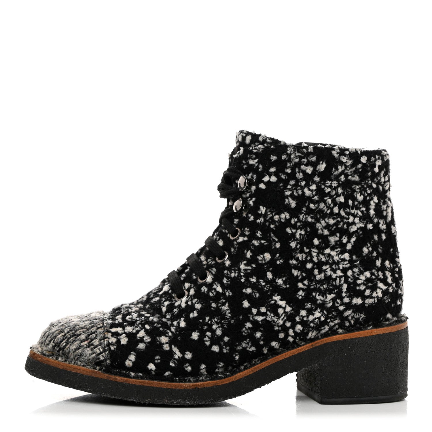 Chanel Tweed Quilted Lace Up Short Boots 36 Black White 1 of 7