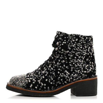 Chanel Tweed Quilted Lace Up Short Boots 36 Black White 1 of 7