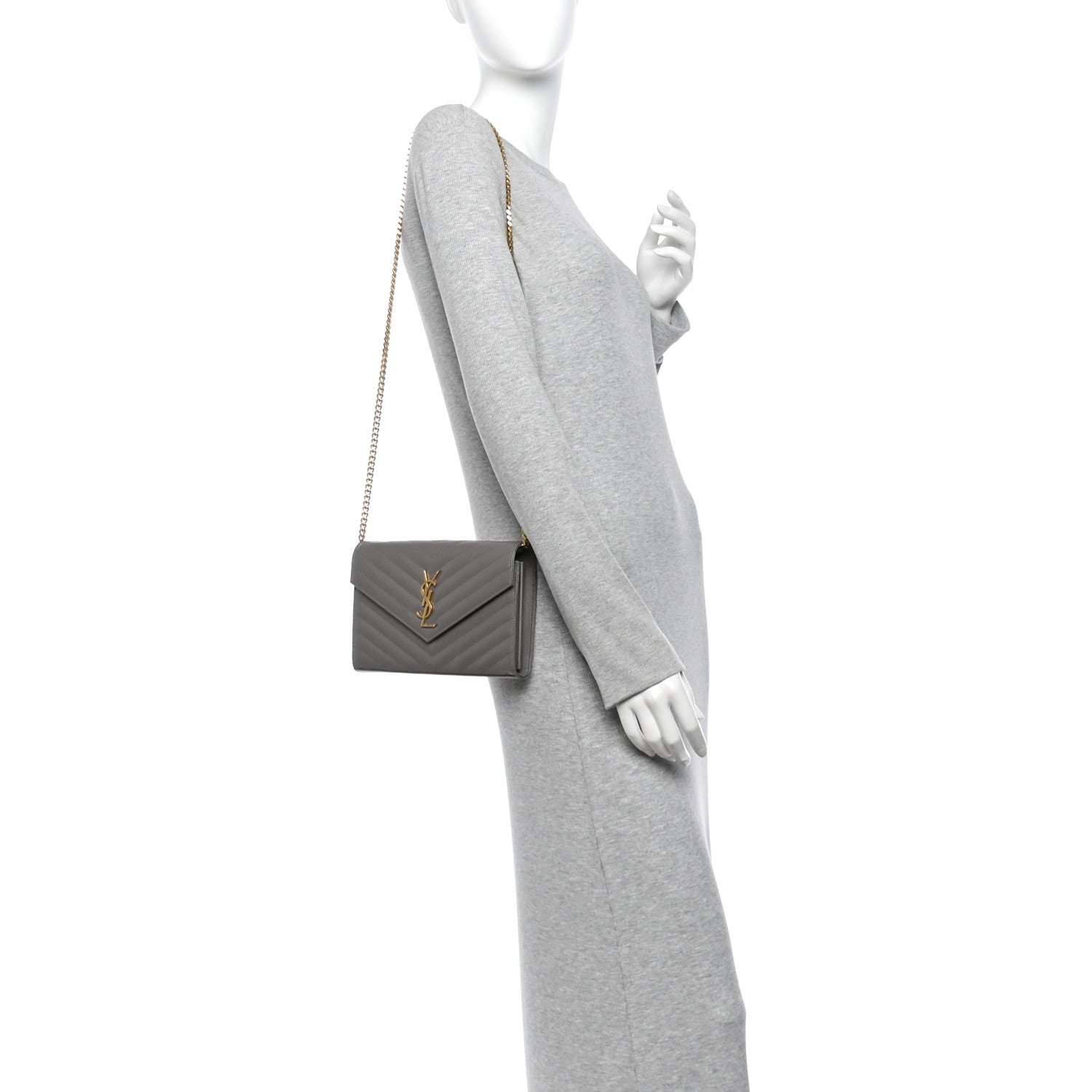 Saint Laurent Grain De Poudre Matelasse Chevron Monogram Chain Wallet Fog 2 of 11