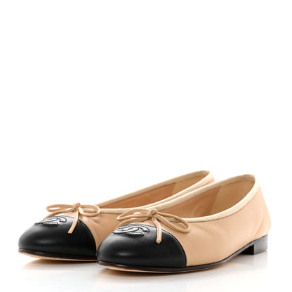 Chanel Lambskin Cap Toe CC Ballerina Flats 36 Beige Black 3 of 8