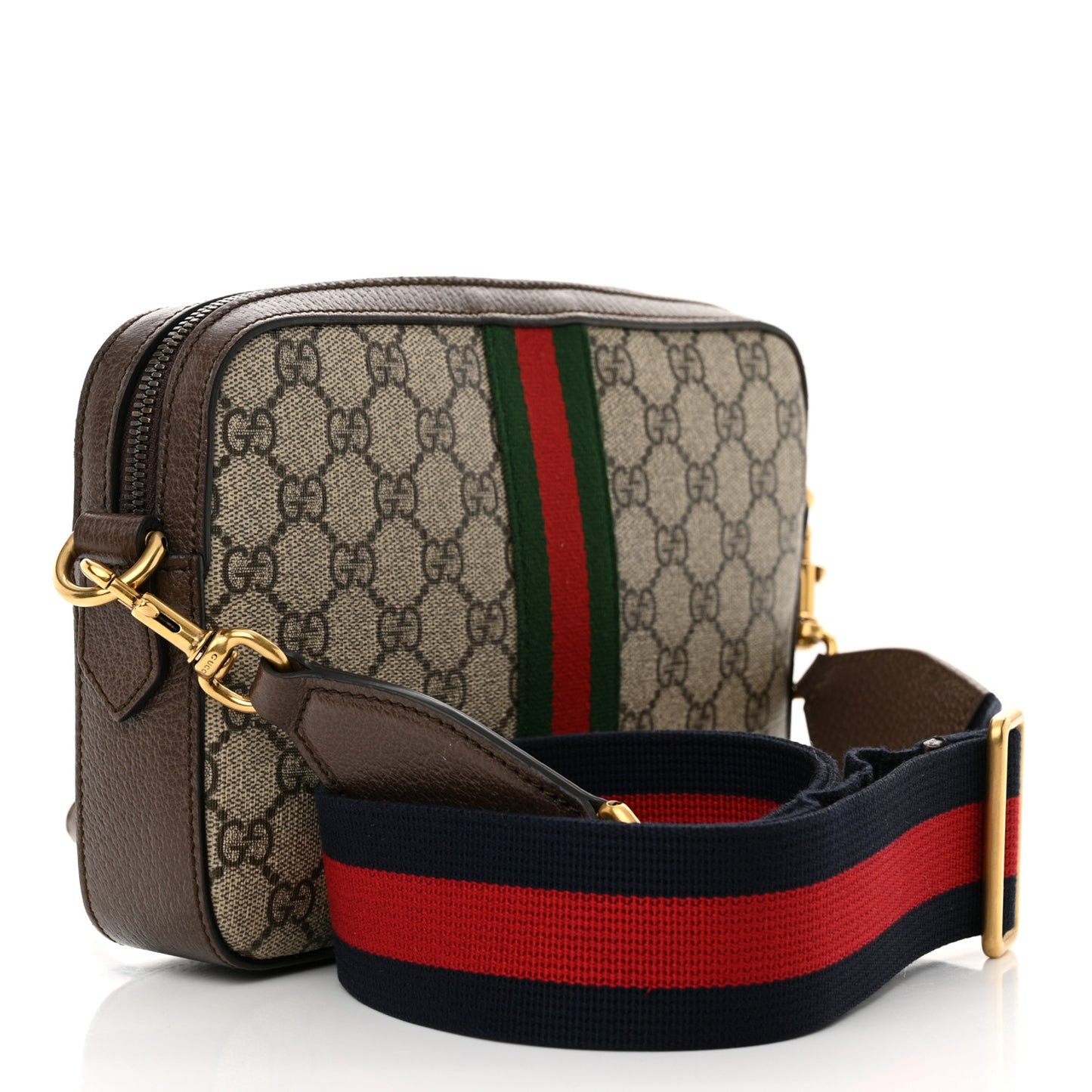 GG Supreme Monogram Textured Dollar Calfskin Web Ophidia Wristlet Shoulder Bag Beige Ebony New Acero