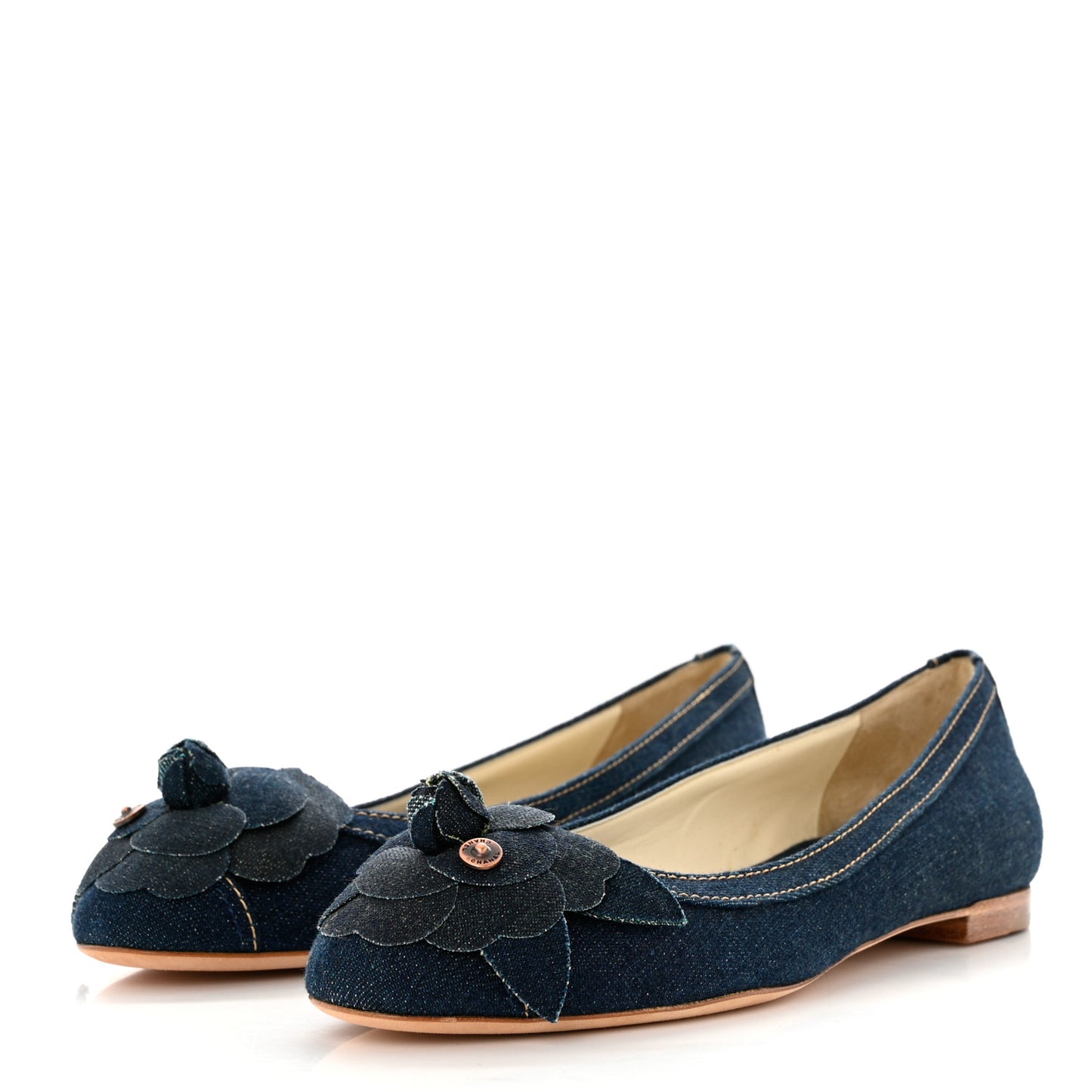 Denim Camellia Ballerina Flats 41 Navy Blue