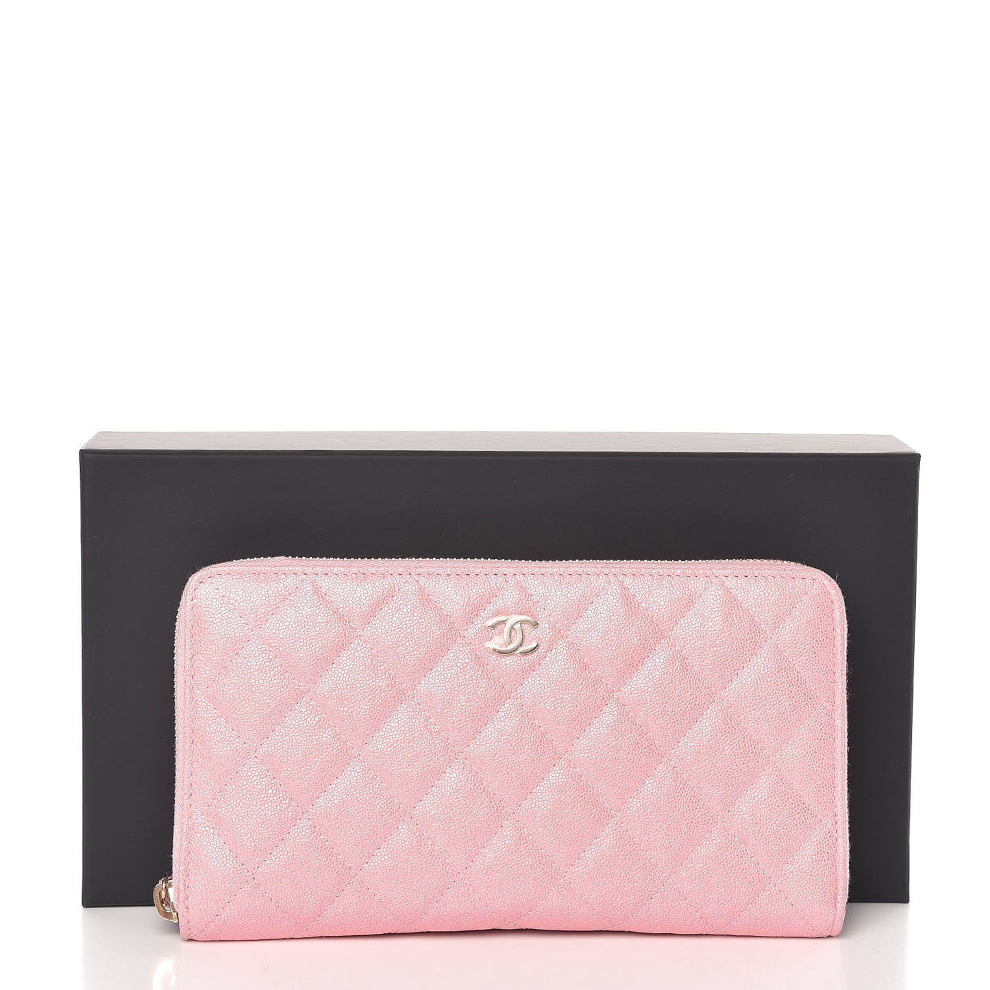 Iridescent Caviar Quilted Large Zip Around Organizer Wallet Pink