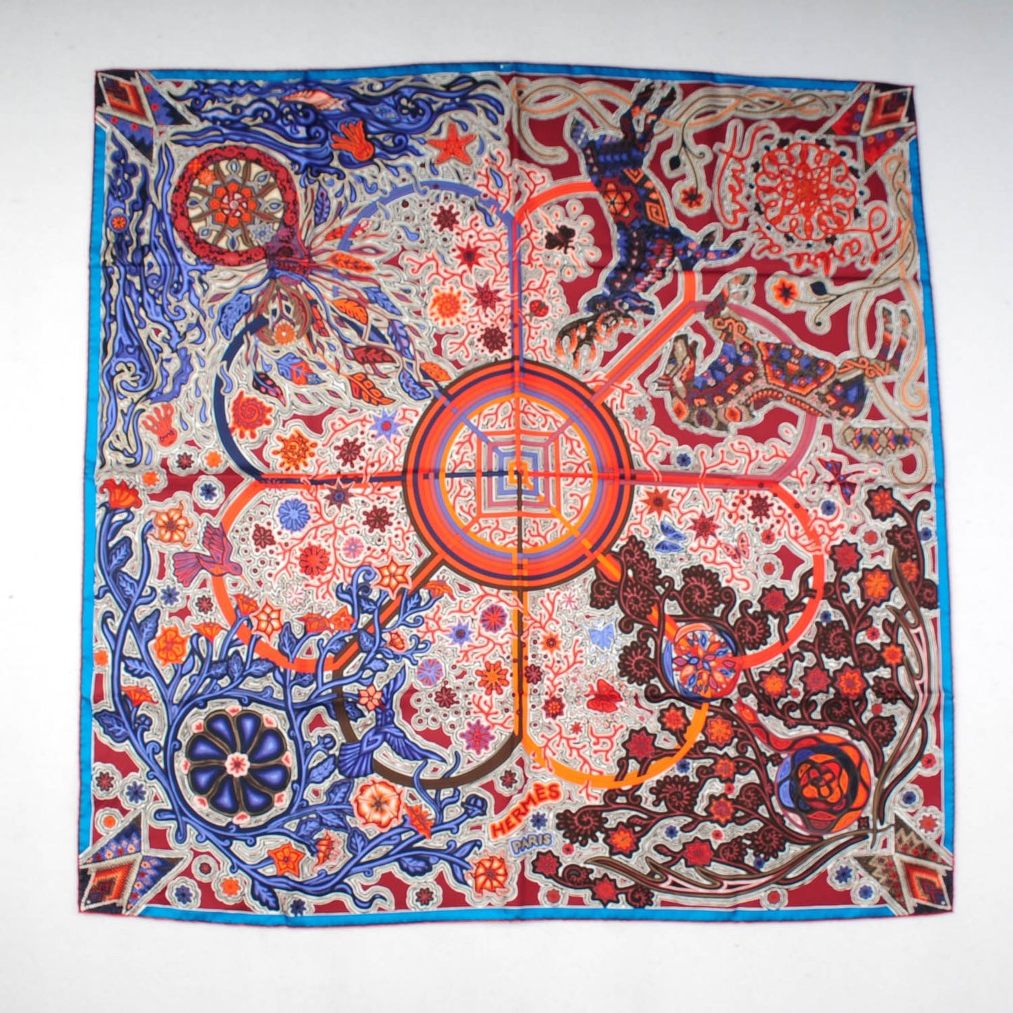 Silk L'Arbre Du Vent Scarf 90 Brique Bleu Corail