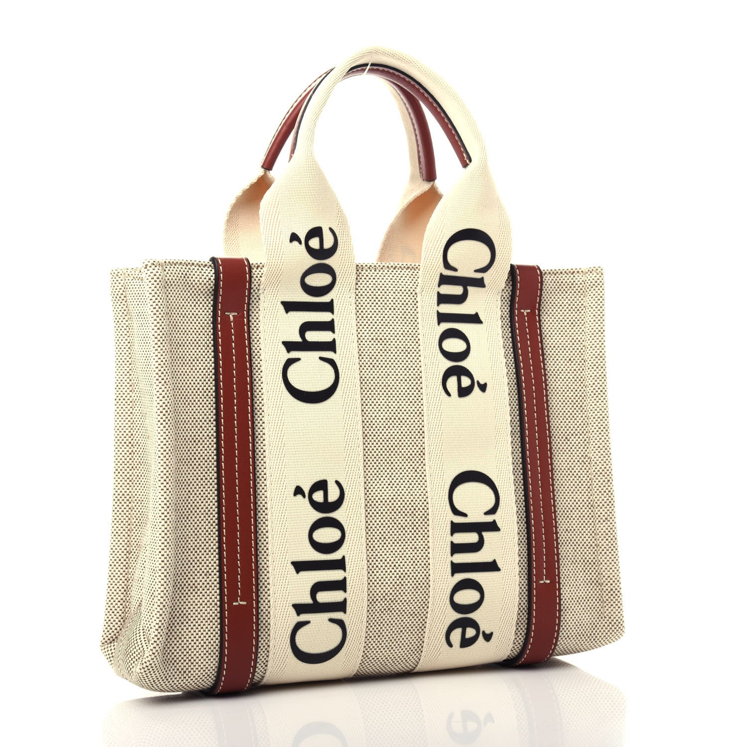 Chloe Cotton Calfskin Small Woody Ribbon Tote White Brown 3 of 10