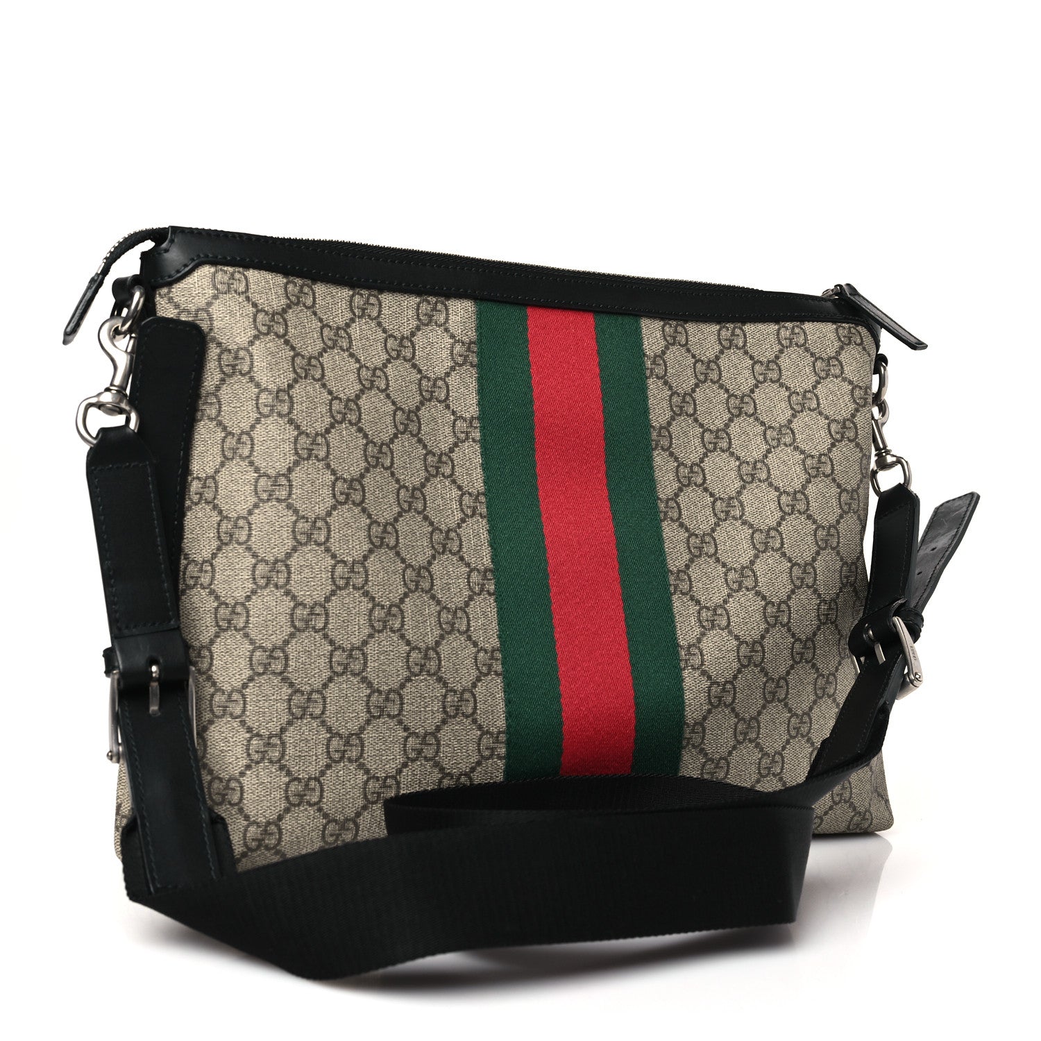 Gucci GG Supreme Monogram Calfskin Web Medium Flat Messenger Bag Beige Ebony Black 3 of 10