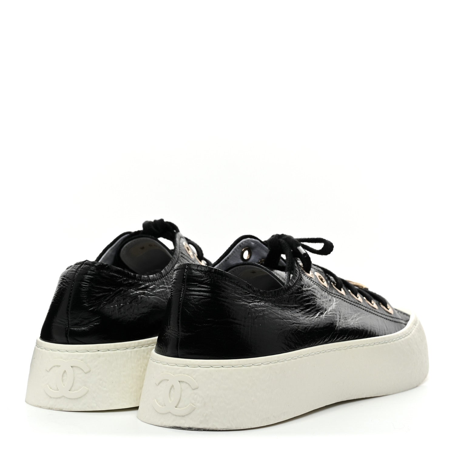 メル77506  Chanel Shiny Aged Calfskin Womens CC Platform Sneakers 40 Black