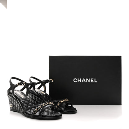 Chanel Crumpled Calfskin Quilted Wedge Sandals 37 Black 9 of 9