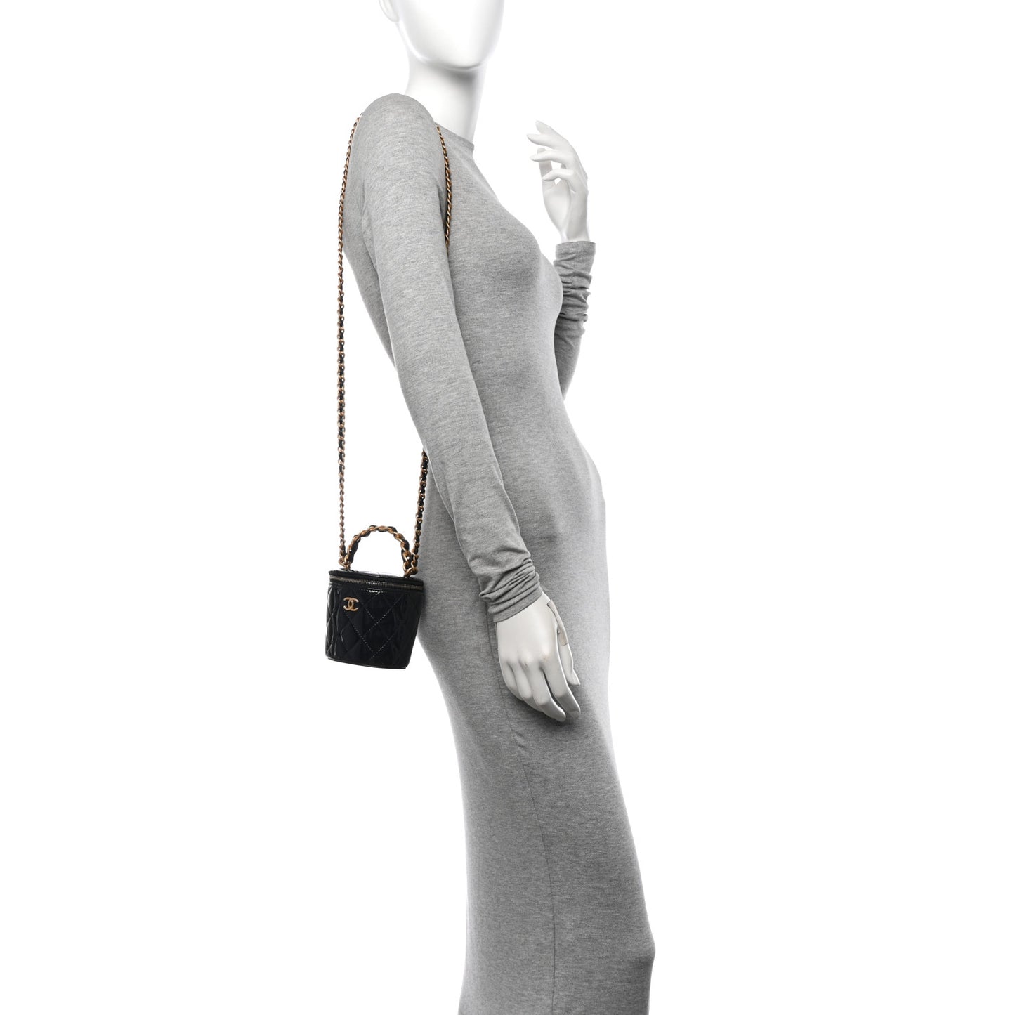 Patent Quilted Afternoon Tea Top Handle Vanity Case With Chain Black