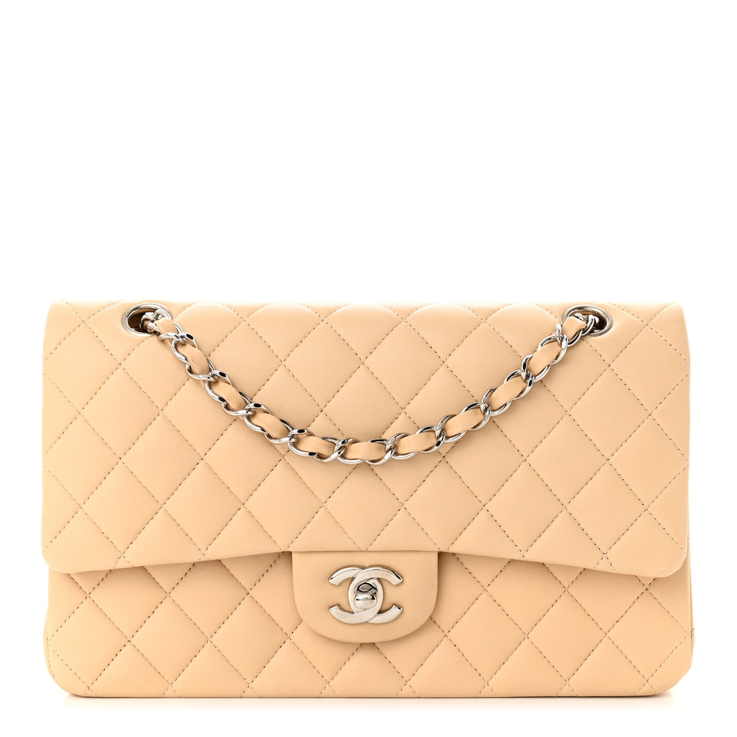 Lambskin Quilted Medium Double Flap Beige