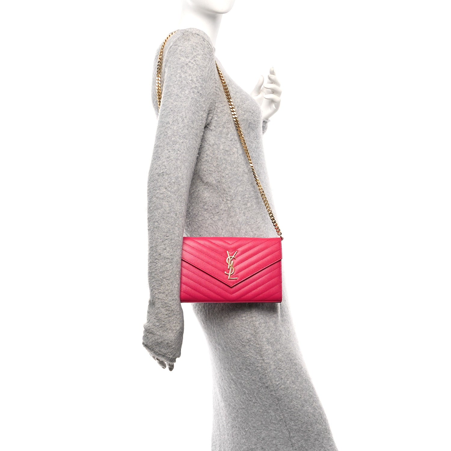 Saint Laurent Grain De Poudre Matelasse Chevron Monogram Chain Wallet Bubblegum 2 of 10