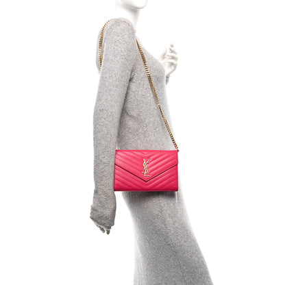 Saint Laurent Grain De Poudre Matelasse Chevron Monogram Chain Wallet Bubblegum 2 of 10