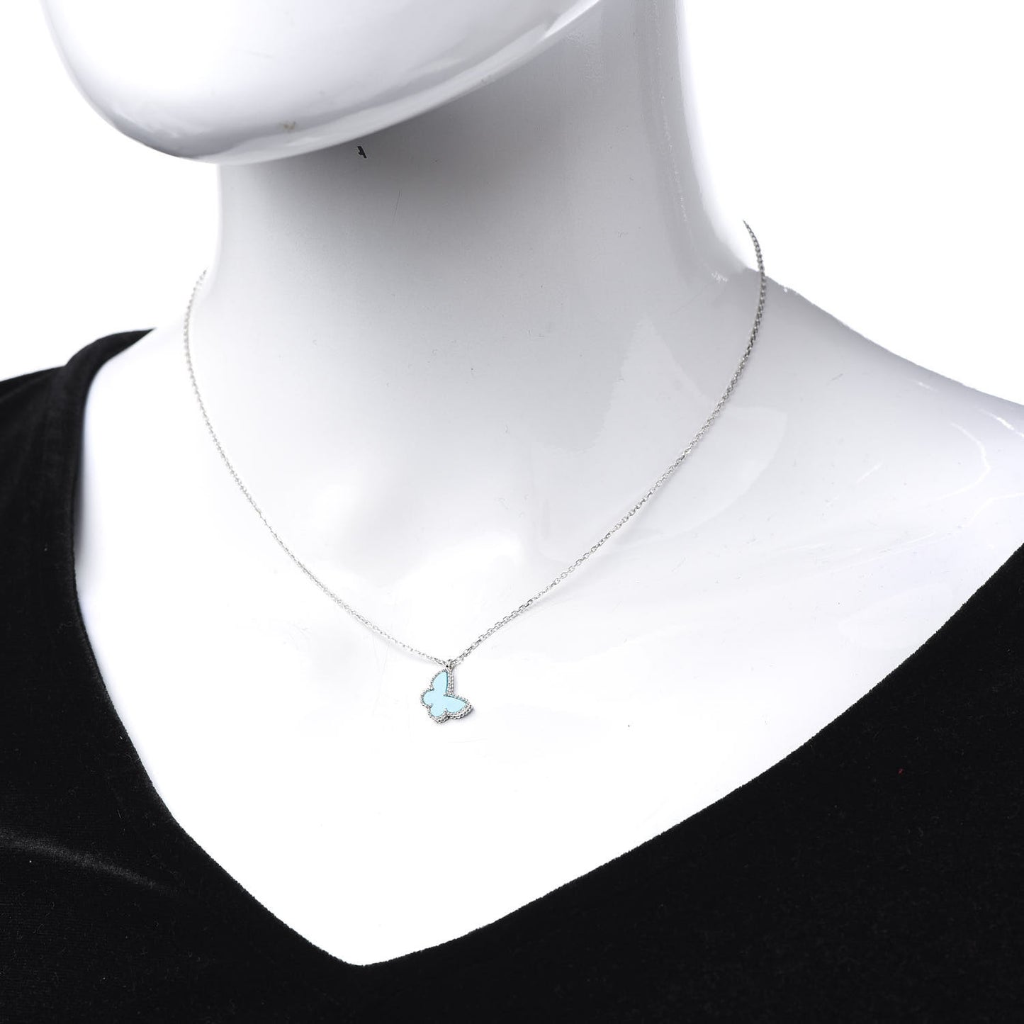 18K White Gold Turquoise Sweet Alhambra Butterfly Pendant Necklace